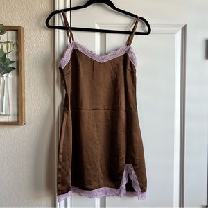 Motel rocks chocolate and lavender lace wirda mini slip dress